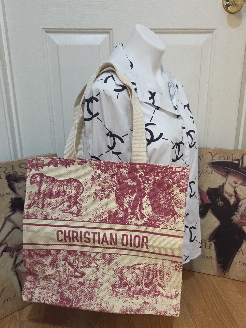 Dior Cream and Red Straw Like Canvas Tote